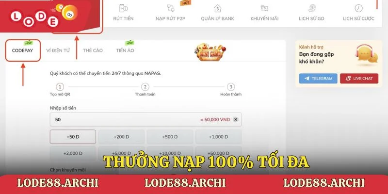 Thưởng nạp 100% tối đa